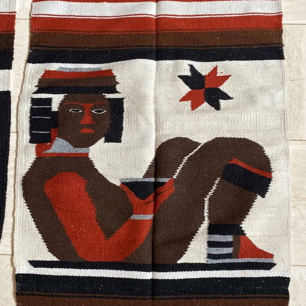 Vintage Aztec God Handwoven Wool 2 Coordinating Mexican Rug, Tapestry or Blanket